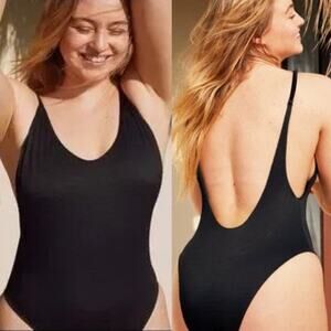 AERIE • Black Smocked Cheeky Low Back One Piece Bathing Swimsuit
